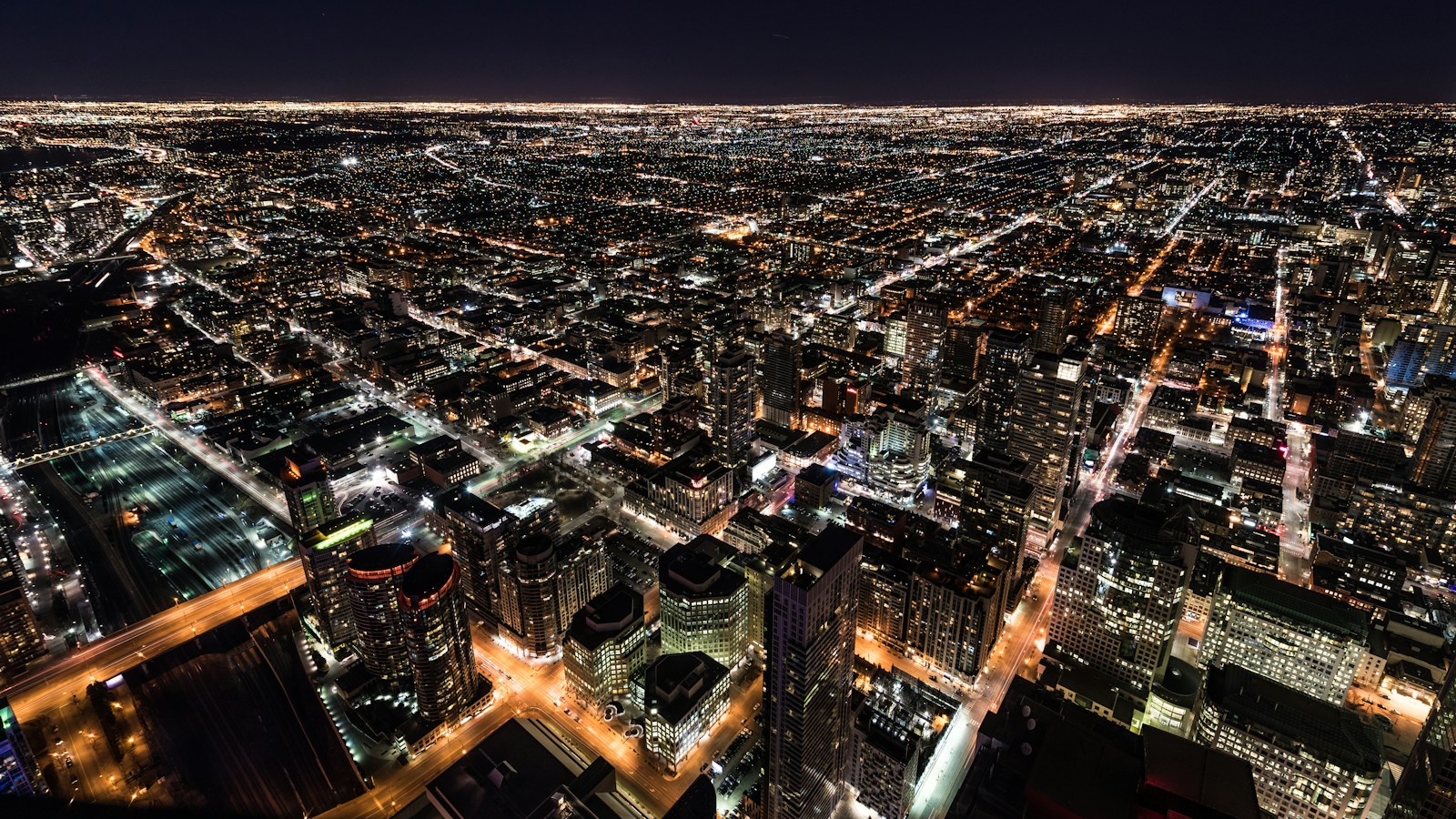 Aerial view of a city at night