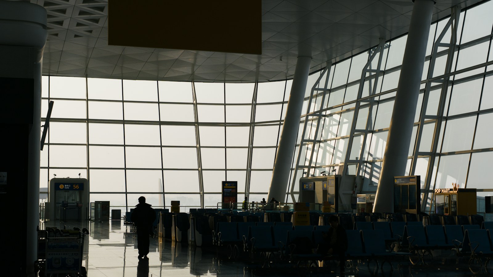 Business travellers in an airport at dusk