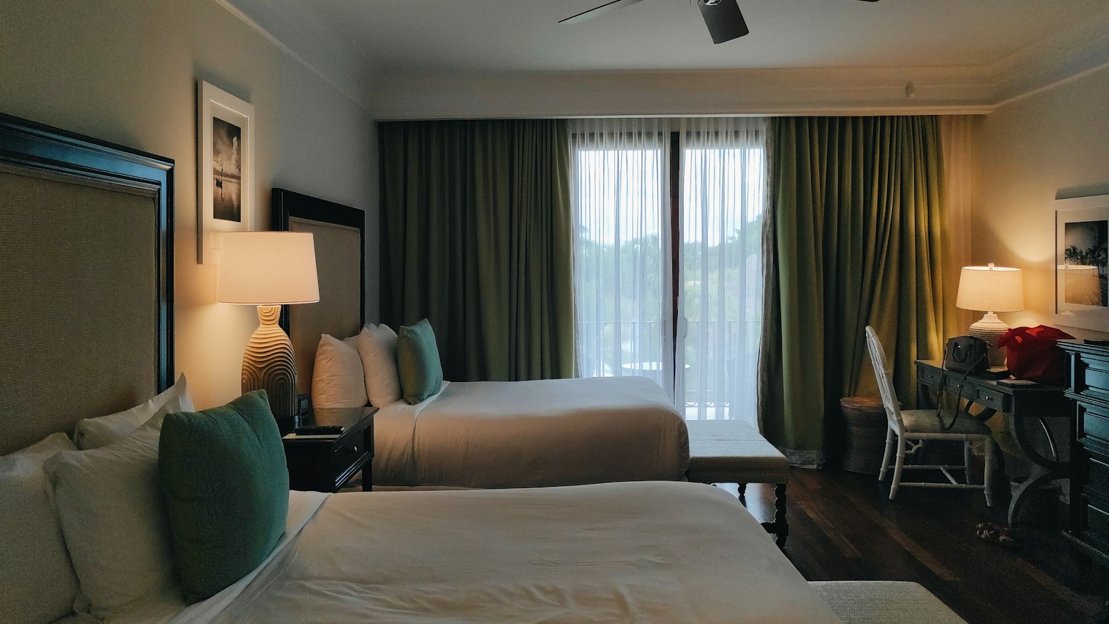Warm, well-lit hotel room